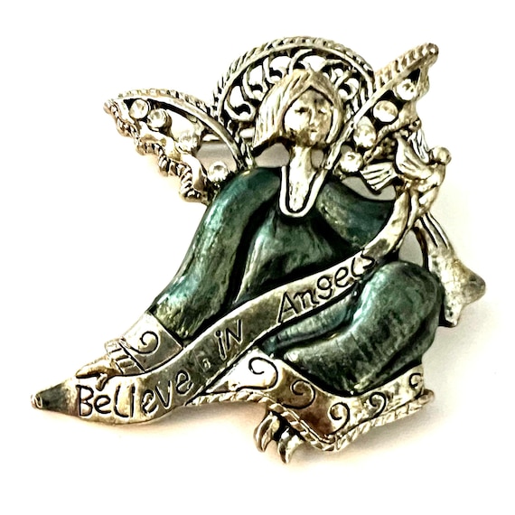 Vintage Angel Brooch, Blue Enamel, Rhinestone Wings