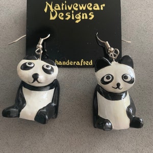 Vintage Panda Bear Dangle Earrings, Artisan Hand Painted Carved Wood Statement Earrings, Unworn
