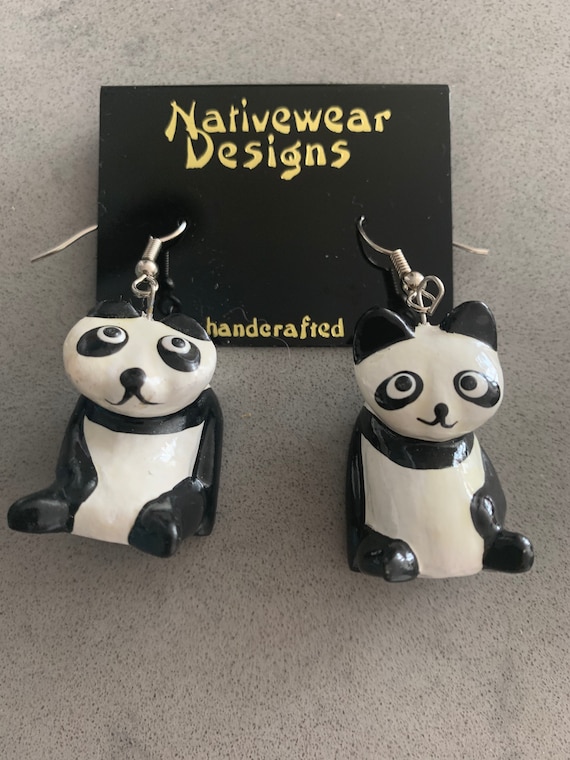 Vintage Panda Bear Dangle Earrings, Artisan Hand Painted Carved Wood Statement Earrings, Unworn