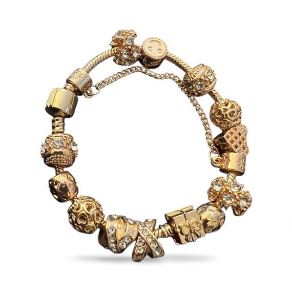 Y2K Golden Charm Bracelet: Sparkly Hearts, Smilies, Snake Chain