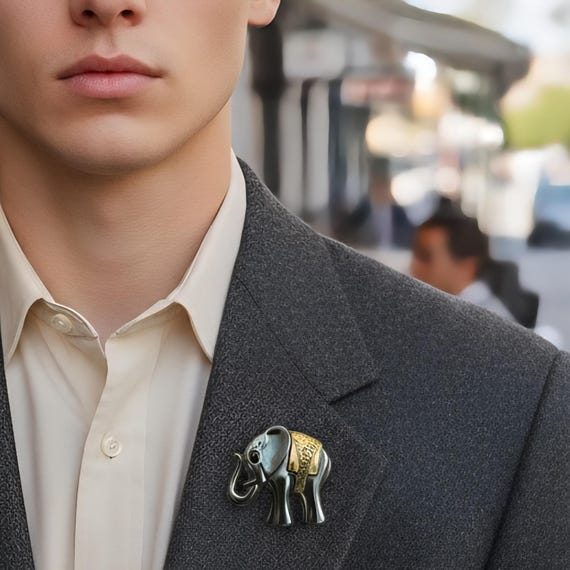 Elegant Elephant Lapel Pin, Auspicious good fortune vintage brooch with bale for pendant too