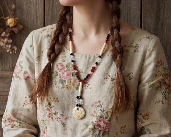 Vintage Crystal Beaded Necklace with Boho Gypsy Carved Medallion