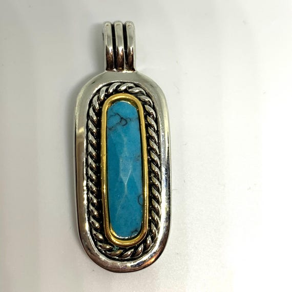 Vintage 80s Southwestern Faux Turquoise Pendant – Two Tone Gold & Silver