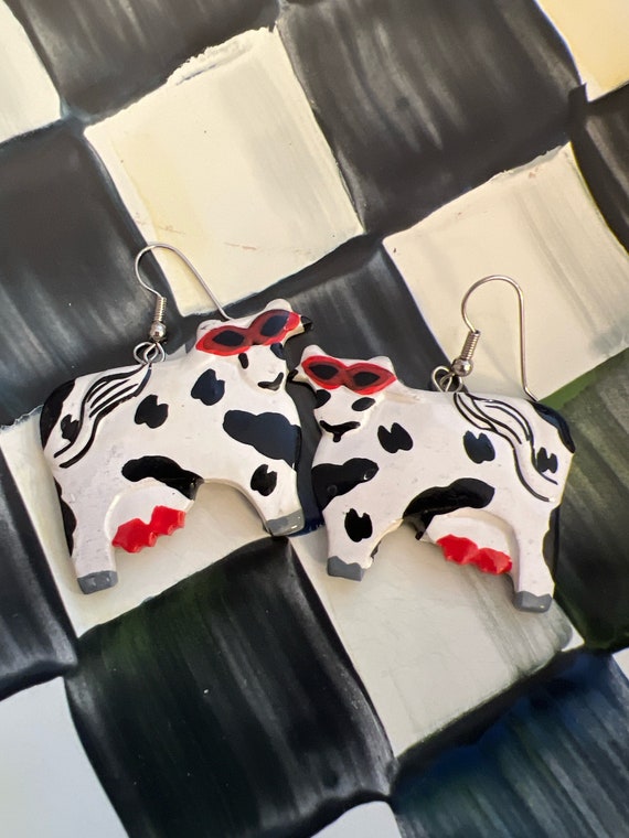 Black and White Cow Vintage Earrings, artisan handpainted and Carved Boho Tribal Jewelry! Cows Wearing Sunglasses ? Cool!