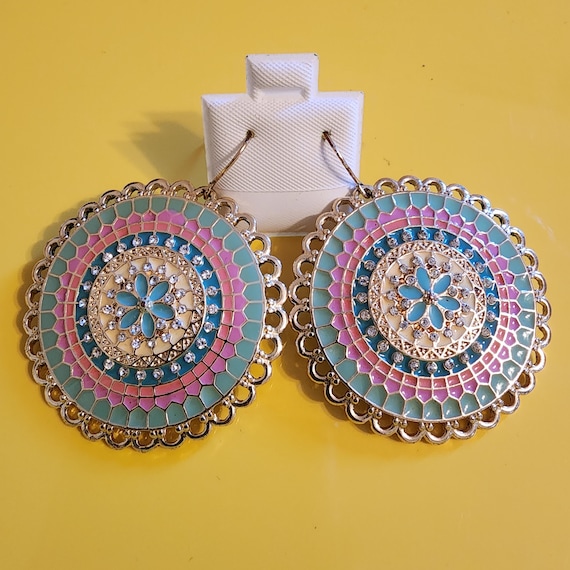 Y2K Tribal Rainbow Medallion Dangles,Bohemian Millennial Glamour Jewelry, Vintage Statement Earrings