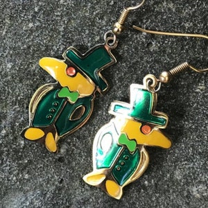 Weird Yellow Bird wearing Irish Green Top hat and Suit, Mascot enamel dangle earrings