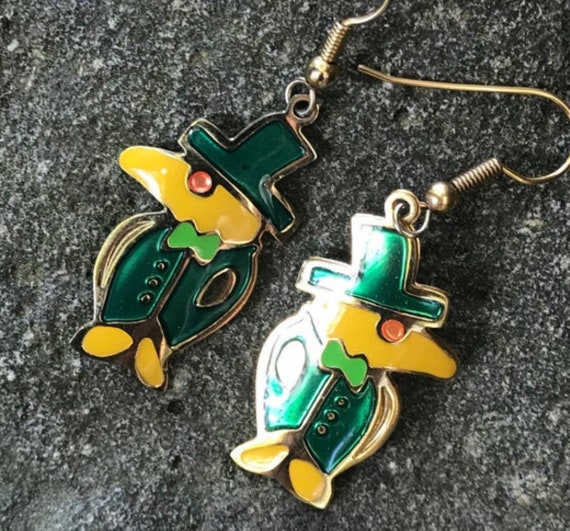 Weird Yellow Bird wearing Irish Green Top hat and Suit, Mascot enamel dangle earrings