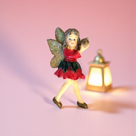 Vintage Dezine Fairy Pin: Red Dress, Glitter Wings, Pomegranate
