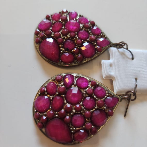 Vintage Y2K Magenta Teardrop Dangle Starement Earrings, Millennial Glamour Jewelry