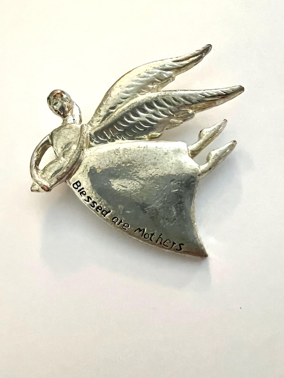 Folksy BLESSED ARE MOTHERS Pewter tone Mother and Child Angel Pin Vintage Brooch