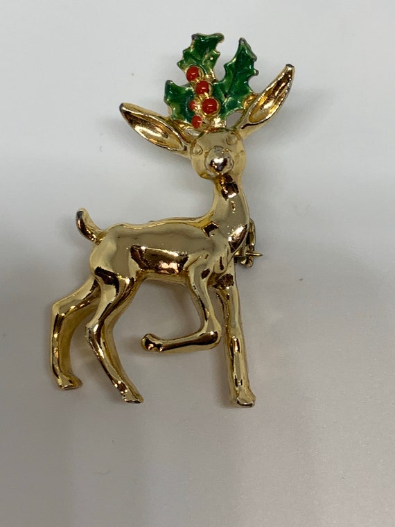 Prancing Reindeer with Holly  Christmas pin signed Gerrys collectible vintage brooch