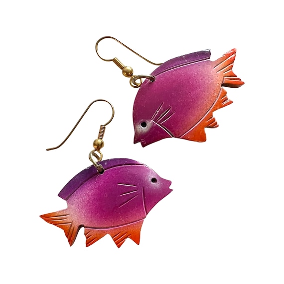 Hot Pink Purple and Orange  Fish Coconut Shell Tropical Earrings, Handmade Vintage Coconut Shell Jewelry, Vacation summer bling, luau party