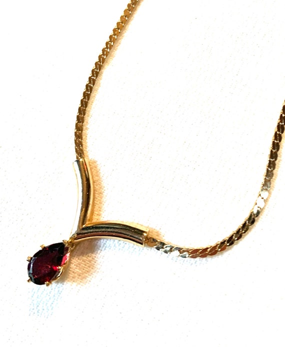 Garnet Rhinestone Pendant On Gold Chain Unworn 70s Disco Vintage Minimalist Necklace