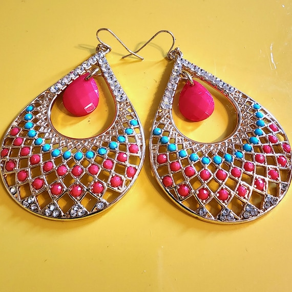 Glitzy Y2K Large Teardrop Hoop Dangles,  Millennial Southwestern inspired Glamour Jewelry