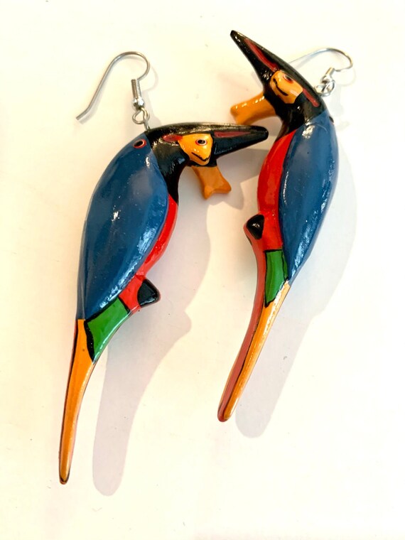 King Fisher Dangles vintage artisan handpainted and Carved Bird Statement Earrings, Tropical Boho Tribal Jewelry!