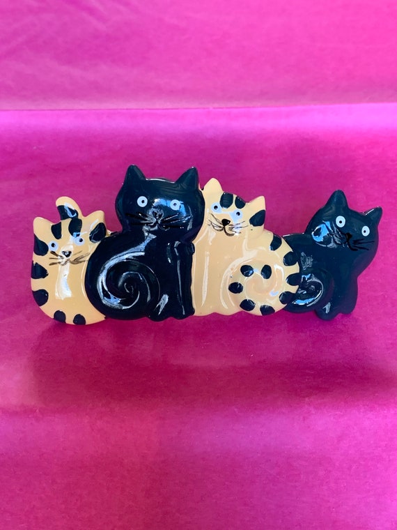 Tiger Cats and Black Cats Hanging Out Barrette, Kitsch Kitties for your Cat Lovers Hair Clip