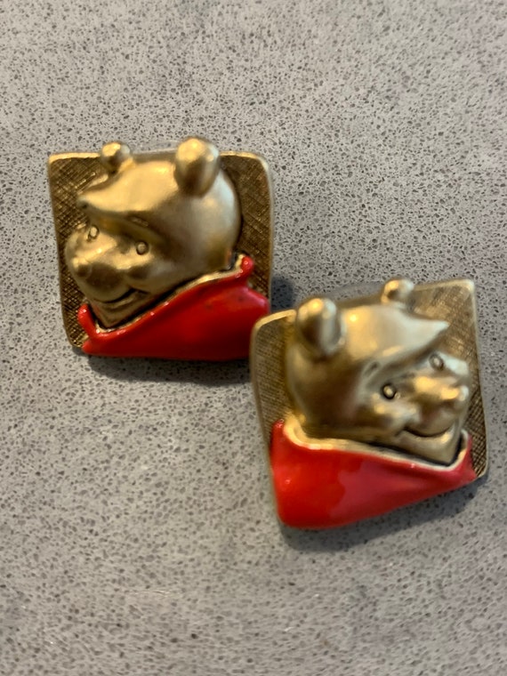 Vintage Disney Pooh Bear Earrings, Red Enamel on Matte Satin Finish Gold Plate Square Studs, Adorable Winnie the Pooh!