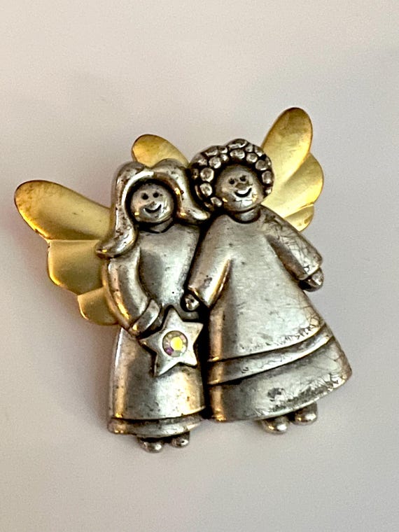 Vintage Angel Besties Pin – Pewter & Gold Friendship Brooch, Signed AJMC