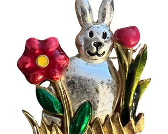 Vintage  Bunny Rabbit Pin sitting in  Country Cottage flowers enamel tulip and daisy