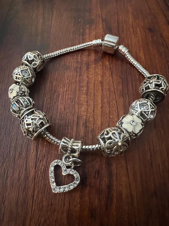 Y2K Silver Tone Charm Bracelet – Rhinestone Heart, Floral Beads