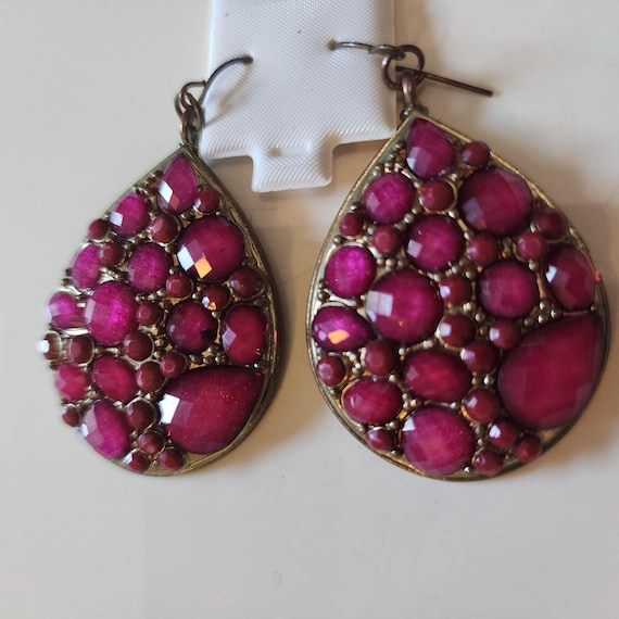 Vintage Y2K Magenta Teardrop Dangle Starement Earrings, Millennial Glamour Jewelry