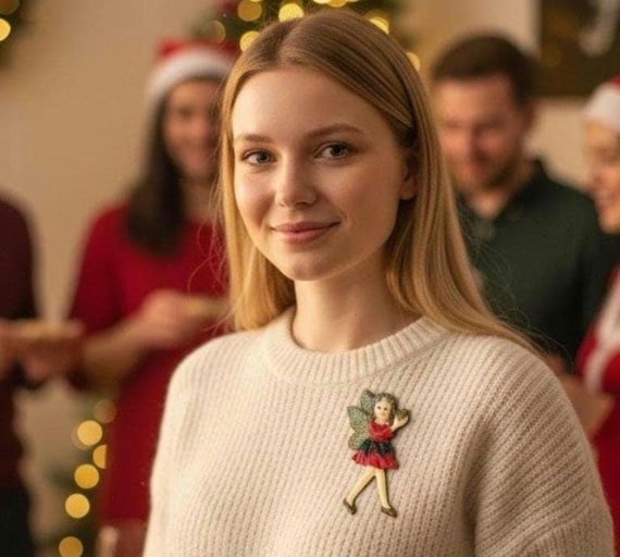 Vintage Dezine Fairy Pin: Red Dress, Glitter Wings, Pomegranate