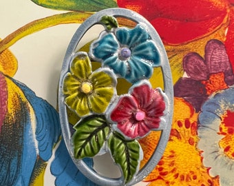Dainty Openwork  Floral Pin, Enamel Paint on Cast Metal Vintage Brooch Pendant