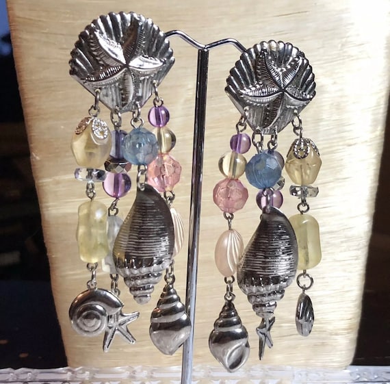 Tropical Chandelier Dangle Earrings with Beachy Lucite Charms- Starfish & Seashells