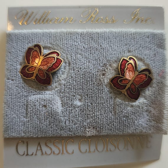 Vintage Enamel Cloisonné Butterfly Stud Earrings, Goldtone 70s Jewelry