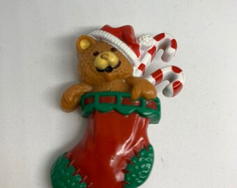 Vintage Hallmark Christmas Pin, Teddy Bear in Stocking with Candy Canes