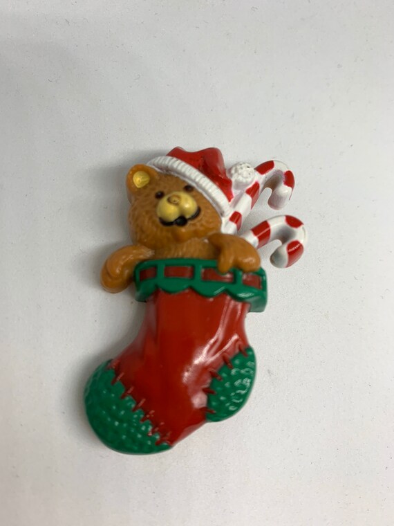 Darling Holiday TEDDY BEAR In CHRISTMAS Stocking with Candy Canes, Vintage Hallmark Cards Holiday Christmas Pin