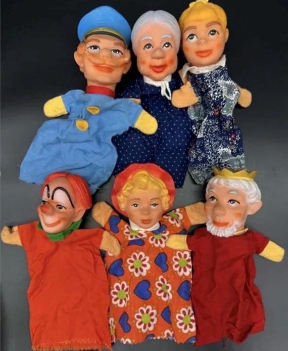 Vintage 1960s Rubber Head Hand Puppets – Mr. Rogers Style Character Set