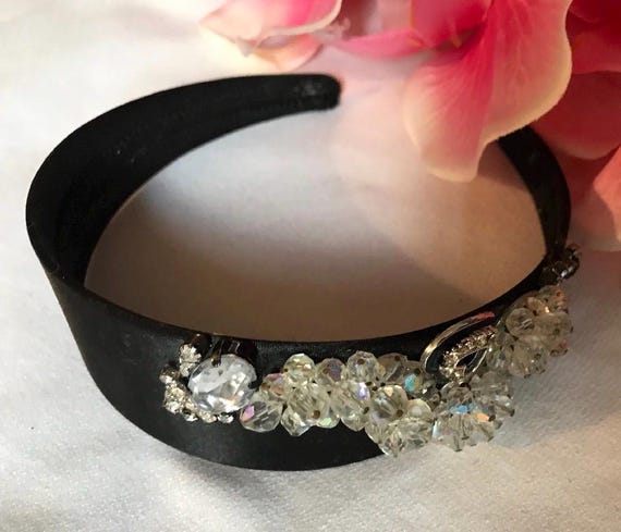 Vintage Y2K Black Satin Sparkly Embellished Headband Hair Accessory