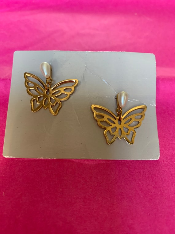 Golden Butterflies with Faux Pearl Teardrops, Unworn Dangle and Drop Vintage Earrings