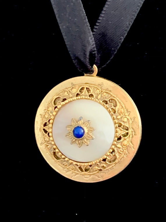 Make Your Own Vintage Locket Necklace, Vintage 70s Edwardian Victorian Revival Ornate Goldtone with Faux Lapis Keepsake Pendant