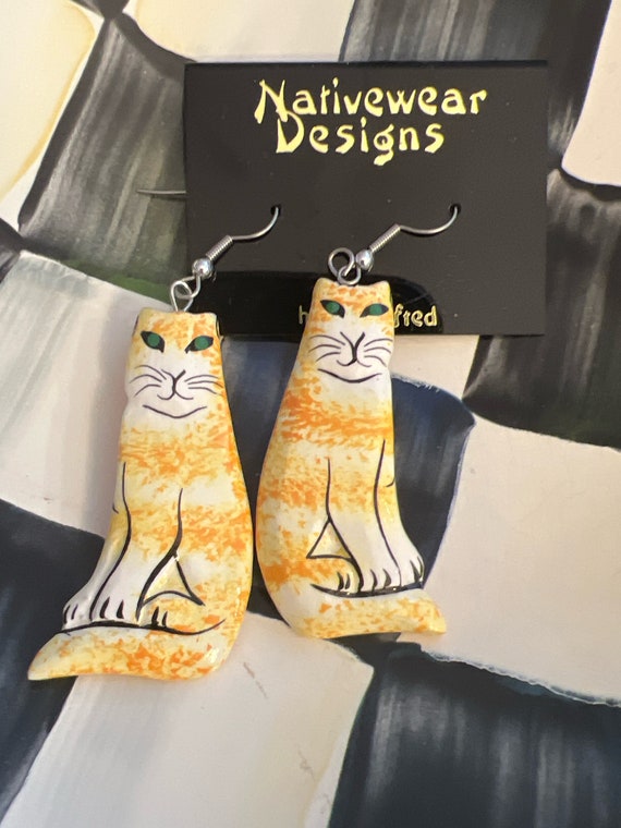 Vintage Graphic Yellow Tiger Cat Earrings, Artisan Hand Painted Wooden Dangles, Kitsch Funny Cartoon Jewelry!