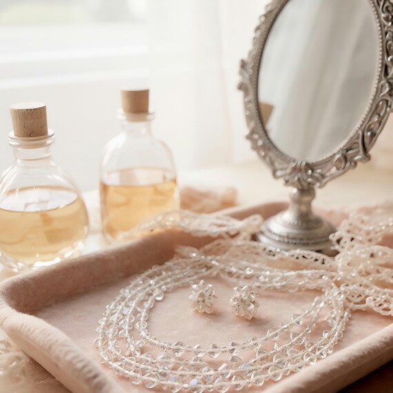 1950s Vintage Crystal Jewelry Set: Multistrand Necklace, Bracelet & Earrings