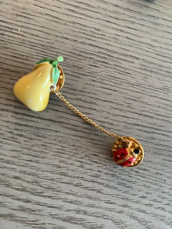 Pear and Ladybug Chatelaine Pin or Tie Tack, Mid Century Enamel fruit and Bug Insect Joined by Chain Small Brooch, Sweater Pin