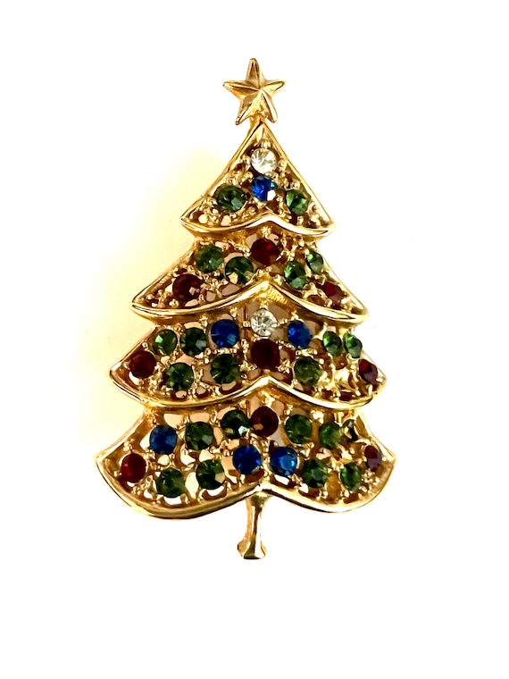 1960s Hedy Hedison Christmas Tree Brooch, Blue Gems, Heart Halmark