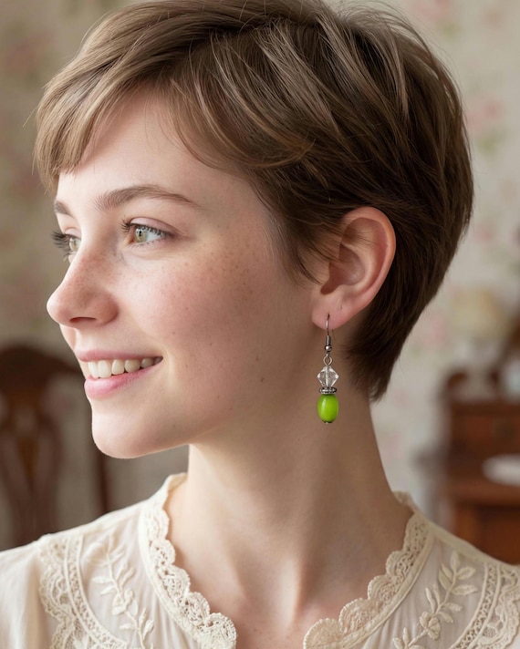 Y2K Vintage-Inspired Georgian Regency Romantic Revival Dainty Chartreuse Beaded Dangle Earrings