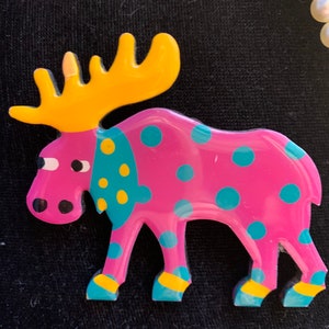 Whimsical Pink Polka Dot Moose Brooch, Hand painted, Awesome 80s Punky Critter Pin, Super Fun Gift