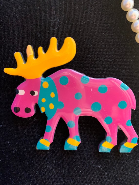 Whimsical Pink Polka Dot Moose Brooch, Hand painted, Awesome 80s Punky Critter Pin, Super Fun Gift