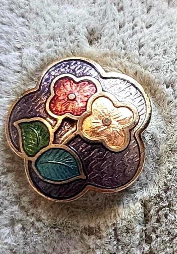 Vintage Cloisonné Floral Stud Earrings, Art Nouveau Enamel, 70s Goldtone