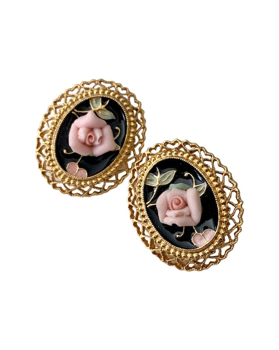 Dainty Porcelain Rose Earrings, Victorian Revival Black Enamel and Pink Flowers Set In Ornate Oval Gold Tone Clip ons