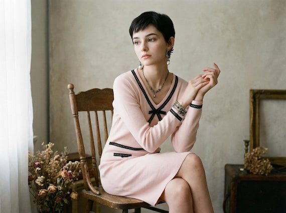 Y2K Knit Dress • Pale Pink Bow Front, Fits S-M