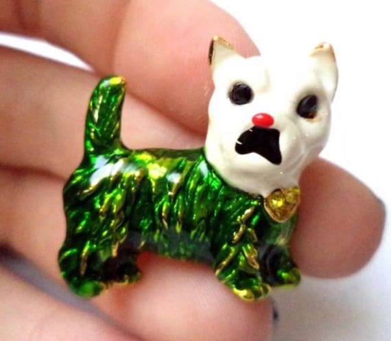 Little Green & White Enamel French Terrier Pin with yelllow rhinestone Bow