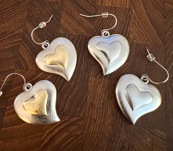 Y2K Heart Dangle Earrings, Brushed Steel, Surgical Steel Wires