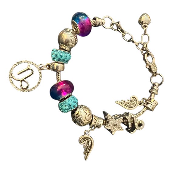 Y2K Charm Bracelet: Purple Beads, Angel Wings, Capricorn Zodiac