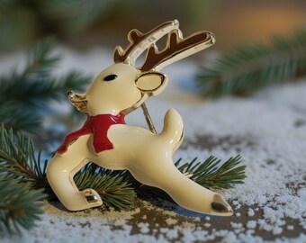 Vintage White Enamel Reindeer with Holly  Christmas pin