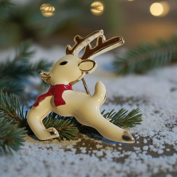 Vintage White Enamel Reindeer with Holly  Christmas pin